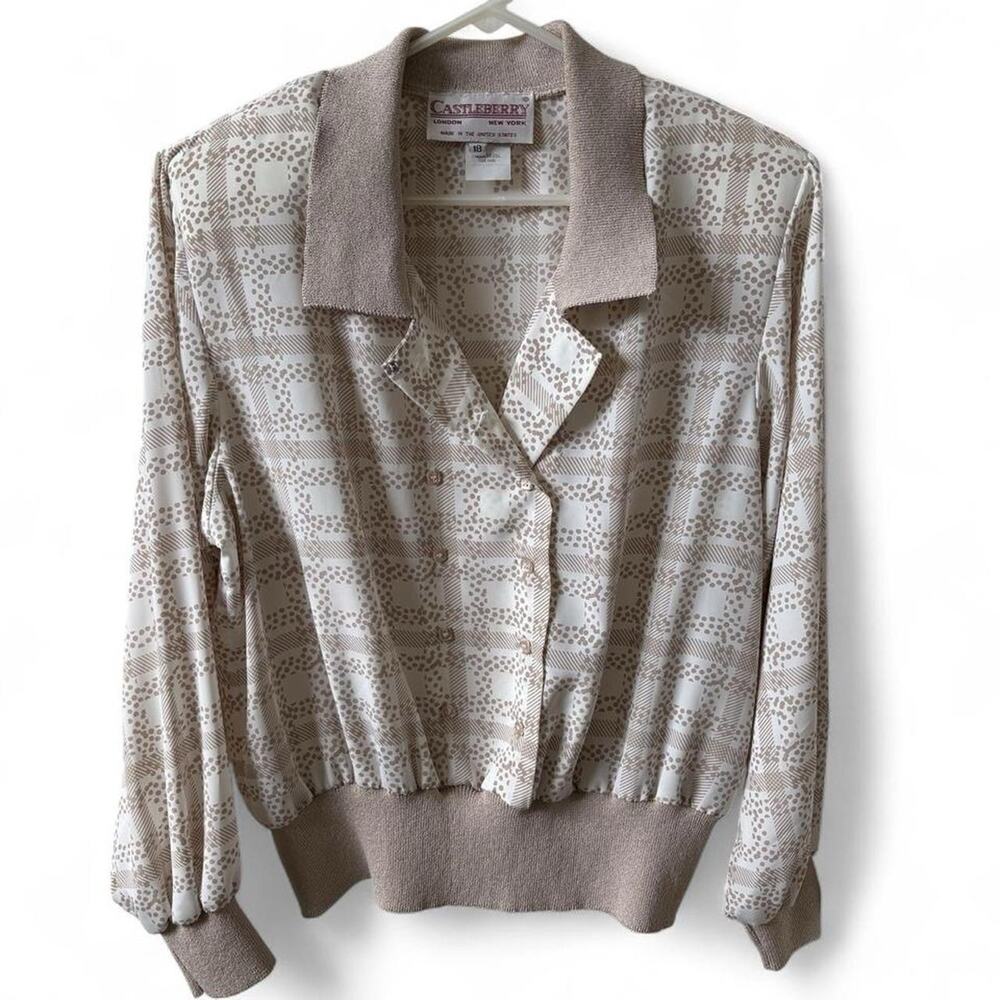 Vintage Castleberry Beige Geometric Button Front Knit Collar Blouse Top 18